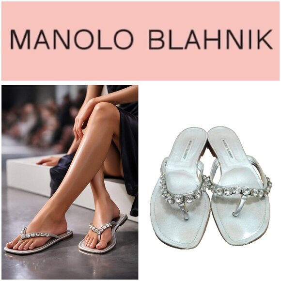 Manolo Blahnik Silver Crystal Thong Sandals Size 39.5 / 9.5 Designer Slide Shoes - Picture 1 of 15